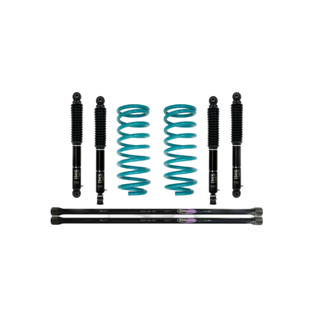 Dobinsons IMS 1.5-2.5 inch Lift Kit for Landcruiser 100 Series (98-07 Diesel Models) with black shocks and teal coil springs