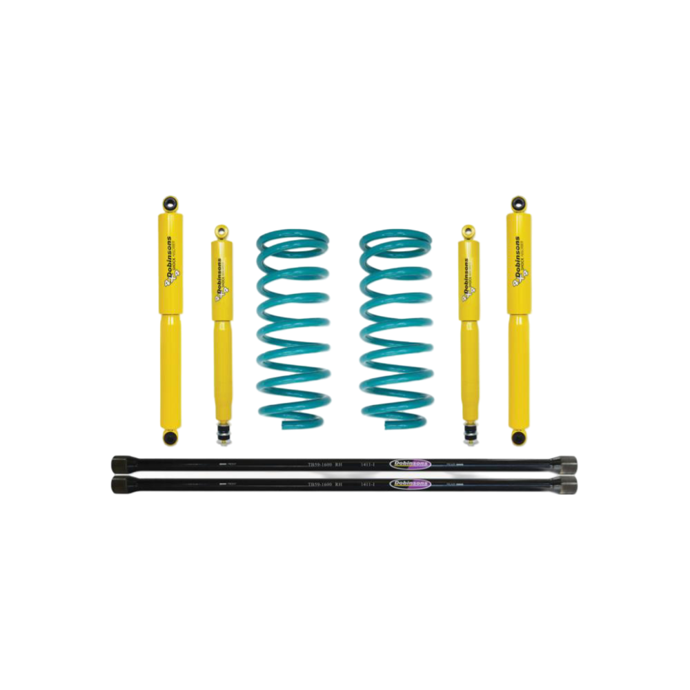 Dobinsons Twin Tube 1.5-2.5 inch Lift Kit for Landcruiser 100 Series (98-07 Diesel Models) with yellow shocks and teal coil springs