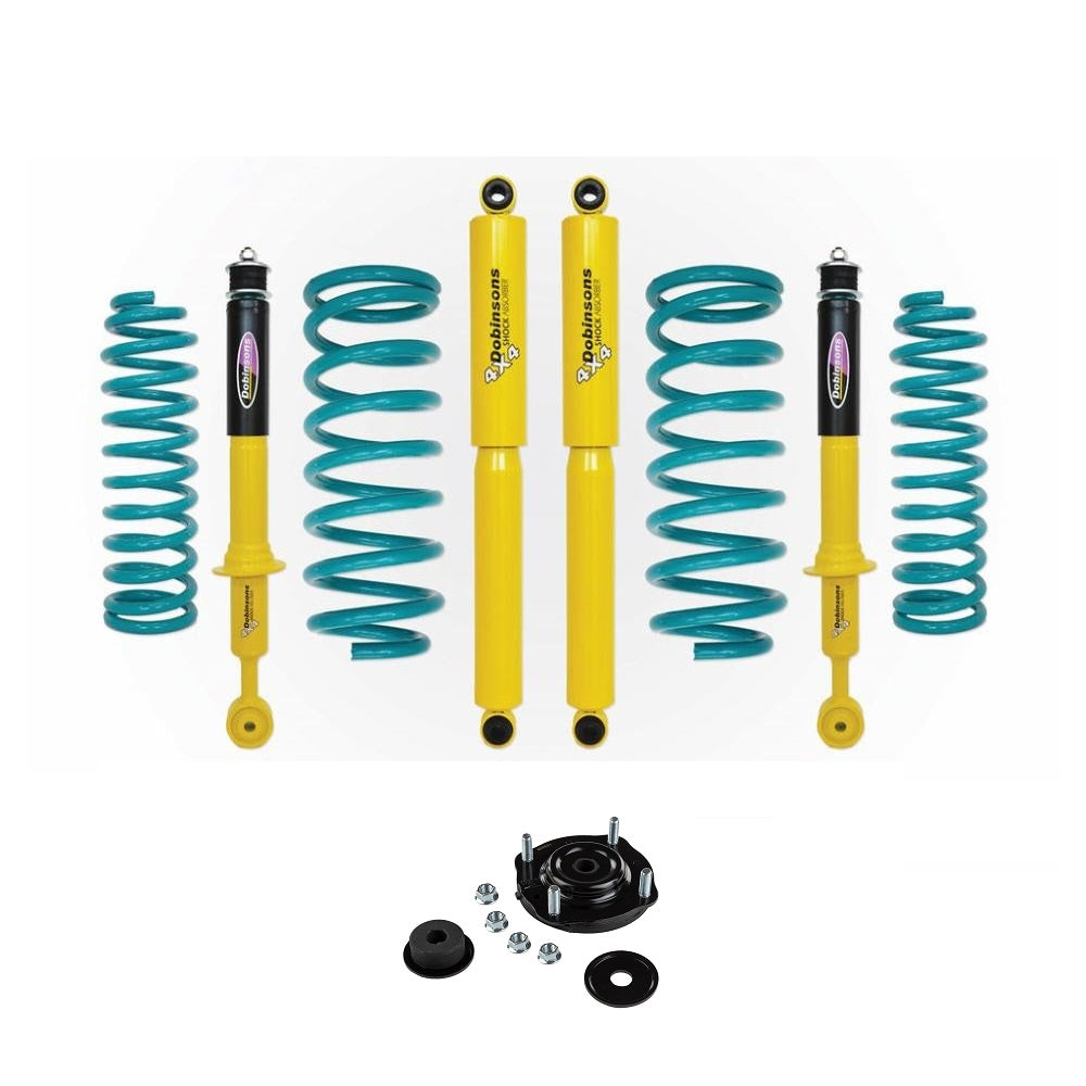 Dobinsons Twin Tube 1-2.5 inch Lift Kit for Landcruiser 200 Series (08-21) with yellow front shocks and teal coil springs.