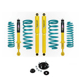 Dobinsons Twin Tube 1-2.5 inch Lift Kit for Landcruiser 200 Series (08-21) with yellow front shocks and teal coil springs.
