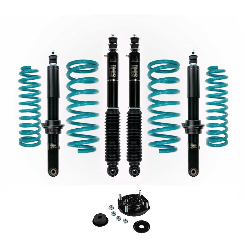 Dobinsons IMS 1-2.5 inch Lift Kit for Landcruiser 200 Series (08-21) with black shocks, teal coil springs, and mounting hardware