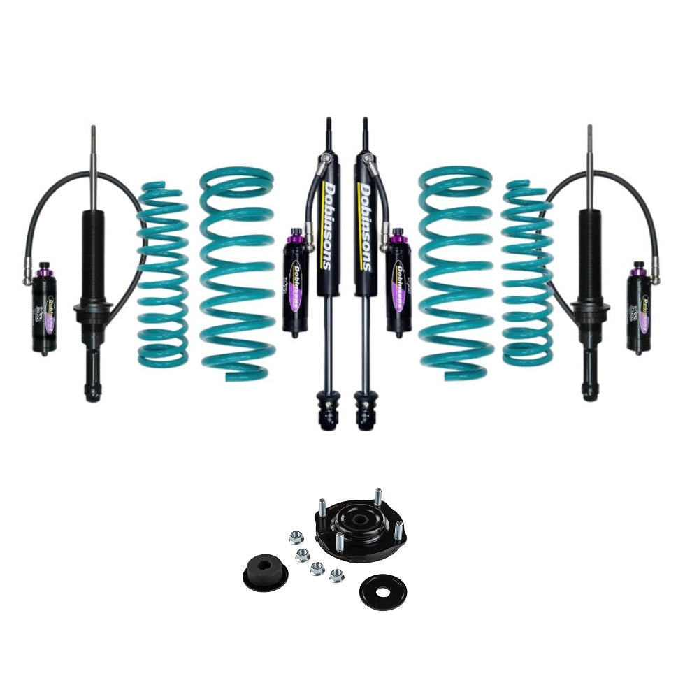 Dobinsons MRR 3-Way Adjustable 1-2.5 inch Lift Kit for Landcruiser 200 Series (08-21) with black shocks, teal coil springs, hardware