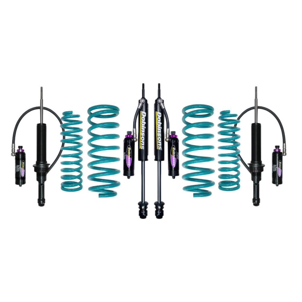 Dobinsons MRR 3-Way Adjustable 1-2.5 inch Lift Kit for Landcruiser 200 Series (08-21) with black shocks and teal coil springs