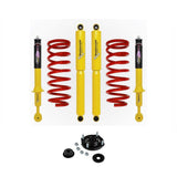 Dobinsons Twin Tube 1.5-2.5 inch Lift Kit for Landcruiser 200 Series (08-21) with yellow shocks, red coils, and hardware