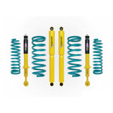 Dobinsons Twin Tube 1-2.5 inch Lift Kit for Landcruiser 200 Series (08-21) with heavy-duty yellow shocks and teal coil springs