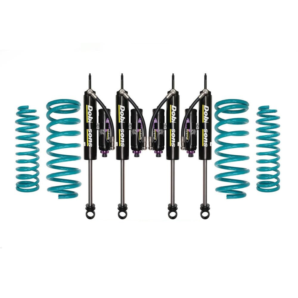 Dobinsons MRR 3-Way Adjustable 0-4 inch Lift Kit for Landcruiser 80 Series (90-97) with black shocks and teal coil springs