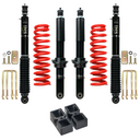 Dobinsons IMS 2-3.5 inch Lift Kit for Tacoma (05-23) with black shocks, red coil springs, U-bolts, and leveling blocks suspension system