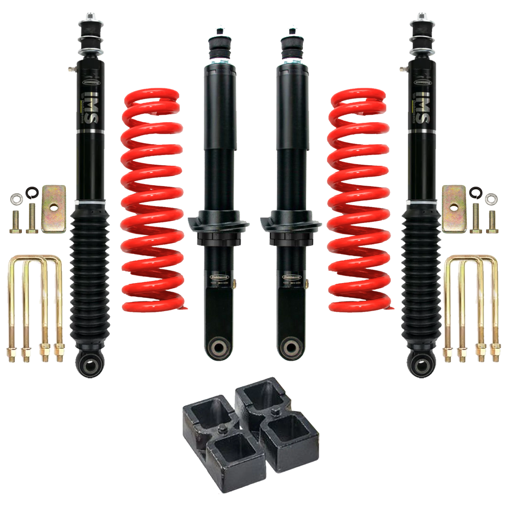 Dobinsons IMS 2-3.5 inch Lift Kit for Tacoma (05-23) with black shocks, red coil springs, U-bolts, and leveling blocks suspension system