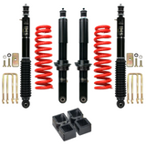 Dobinsons IMS 2-3.5 inch Lift Kit for Tacoma (05-23) with black shocks, red coil springs, U-bolts, and leveling blocks suspension system