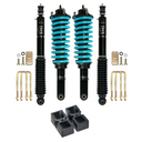 Dobinsons IMS 2-3.5 inch Lift Kit for Tacoma (05-23) with black shocks, teal coil springs, hardware, and blocks for suspension upgrade