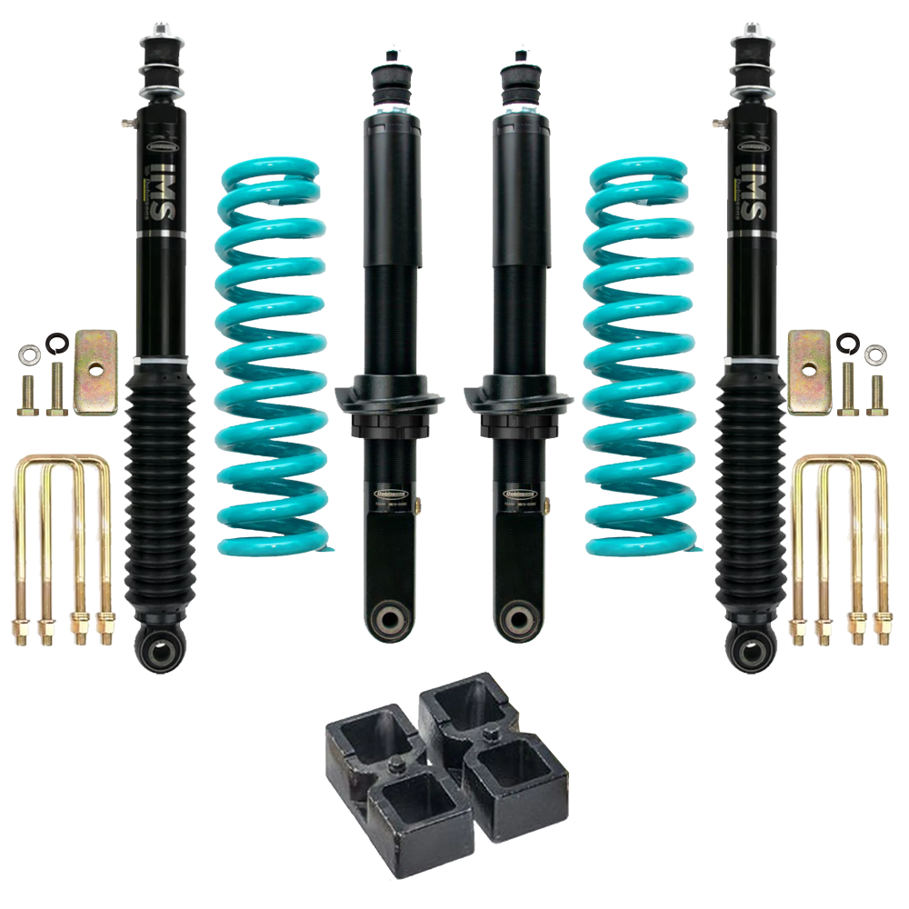Dobinsons IMS 2-3.5 inch Lift Kit for Tacoma (05-23) including black shocks, teal coil springs, U-bolts, and suspension blocks
