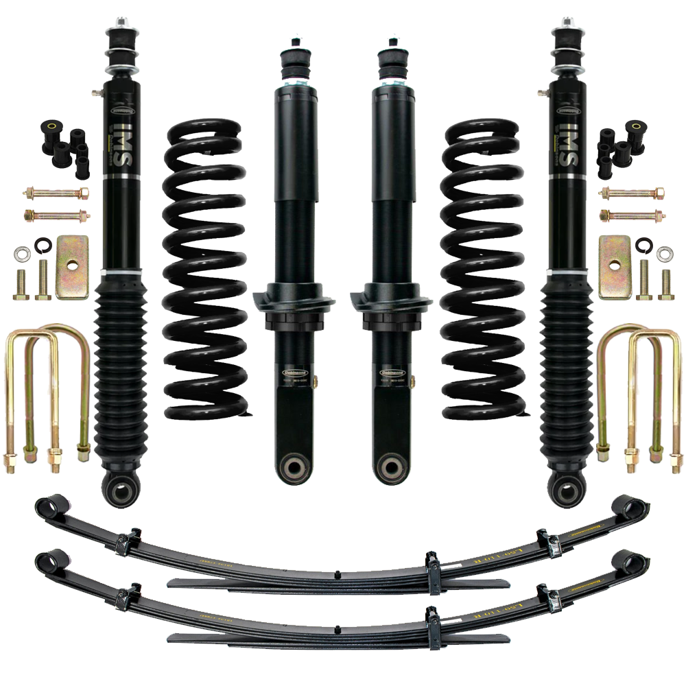 Dobinsons IMS 2-3.5 inch Lift Kit for Tacoma (05-23) with heavy-duty black shocks, coil springs, leaf springs, and hardware