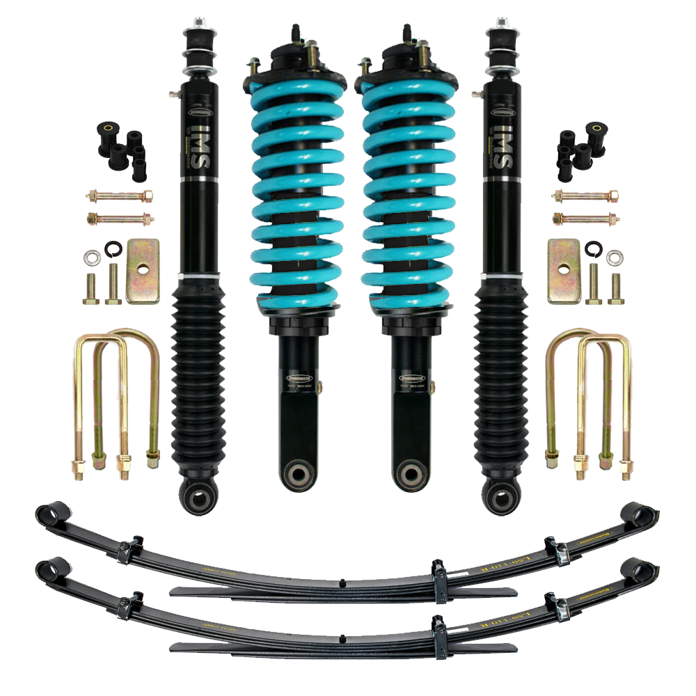 Dobinsons IMS 2-3.5 inch Lift Kit for Tacoma (05-23) with black shocks, teal coil springs, leaf springs, and mounting hardware