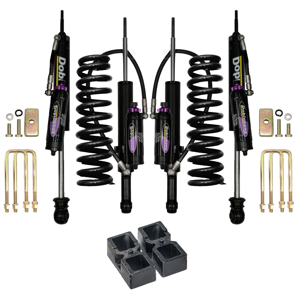 Dobinsons MRR 3-Way Adjustable 2-3.5 inch Lift Kit for Tacoma (05-23) with heavy-duty shocks, coil springs, blocks, and hardware