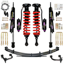 Off-road suspension lift kit with red coilovers, shocks, leaf springs, control arms, U-bolts, and hardware