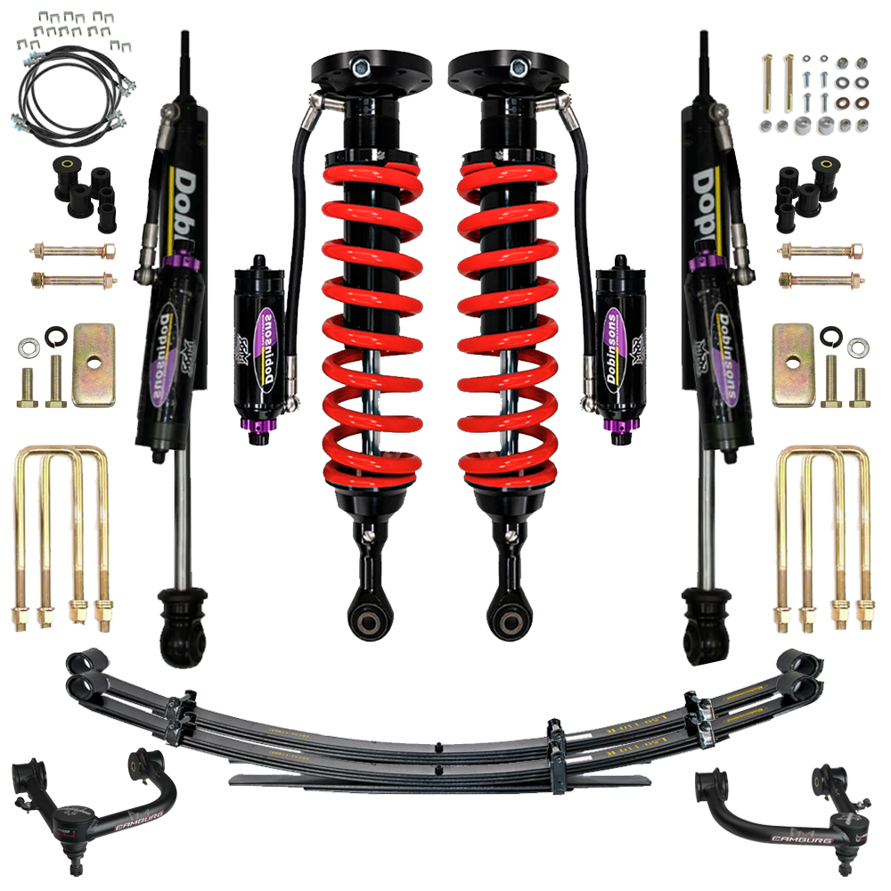 Off-road suspension lift kit with red coilovers, shocks, leaf springs, control arms, U-bolts, and hardware
