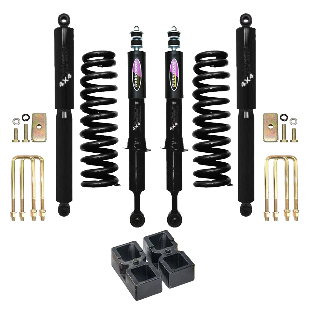Dobinsons Twin Tube 2-3.5 inch Lift Kit for Tacoma (05-23) with black shocks, coil springs, blocks, and mounting hardware
