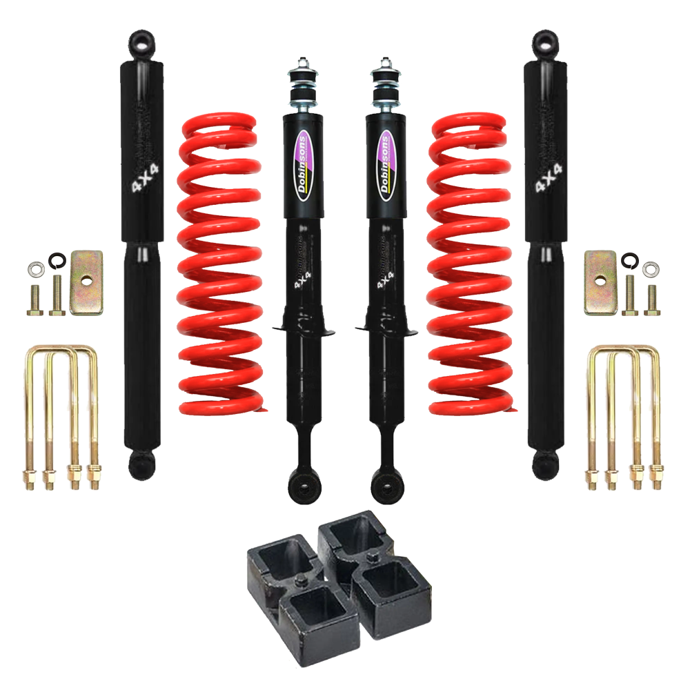 Dobinsons Twin Tube 2-3.5 inch Lift Kit for Tacoma (05-23) - Black/Red with heavy-duty shocks, coil springs, lift blocks, and hardware