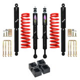 Dobinsons Twin Tube 2-3.5 inch Lift Kit for Tacoma (05-23) - Black/Red with heavy-duty shocks, coil springs, lift blocks, and hardware