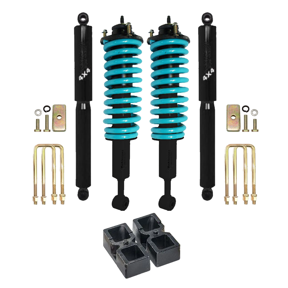 Dobinsons Twin Tube 2-3.5 inch Lift Kit for Tacoma (05-23) - Black/Teal with assembled front shocks, coil springs, and hardware