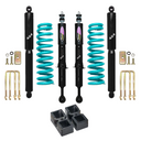 Dobinsons Twin Tube 2-3.5 inch Lift Kit for Tacoma (05-23) with black shocks, teal coil springs, blocks, and hardware suspension system
