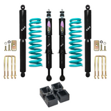 Dobinsons Twin Tube 2-3.5 inch Lift Kit for Tacoma (05-23) with black shocks, teal coil springs, blocks, and hardware suspension system