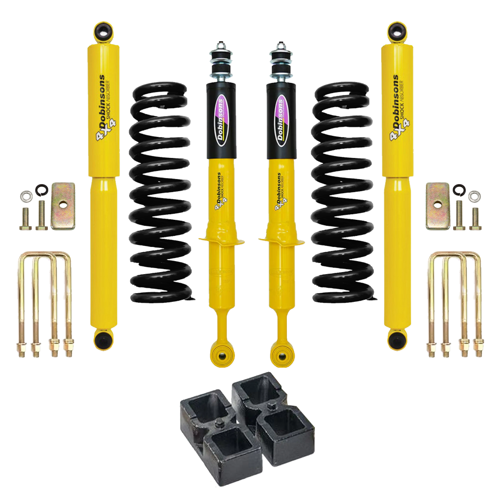 Dobinsons Twin Tube 2-3.5 inch Lift Kit for Tacoma (05-23) yellow shock absorbers, coil springs, and hardware suspension system