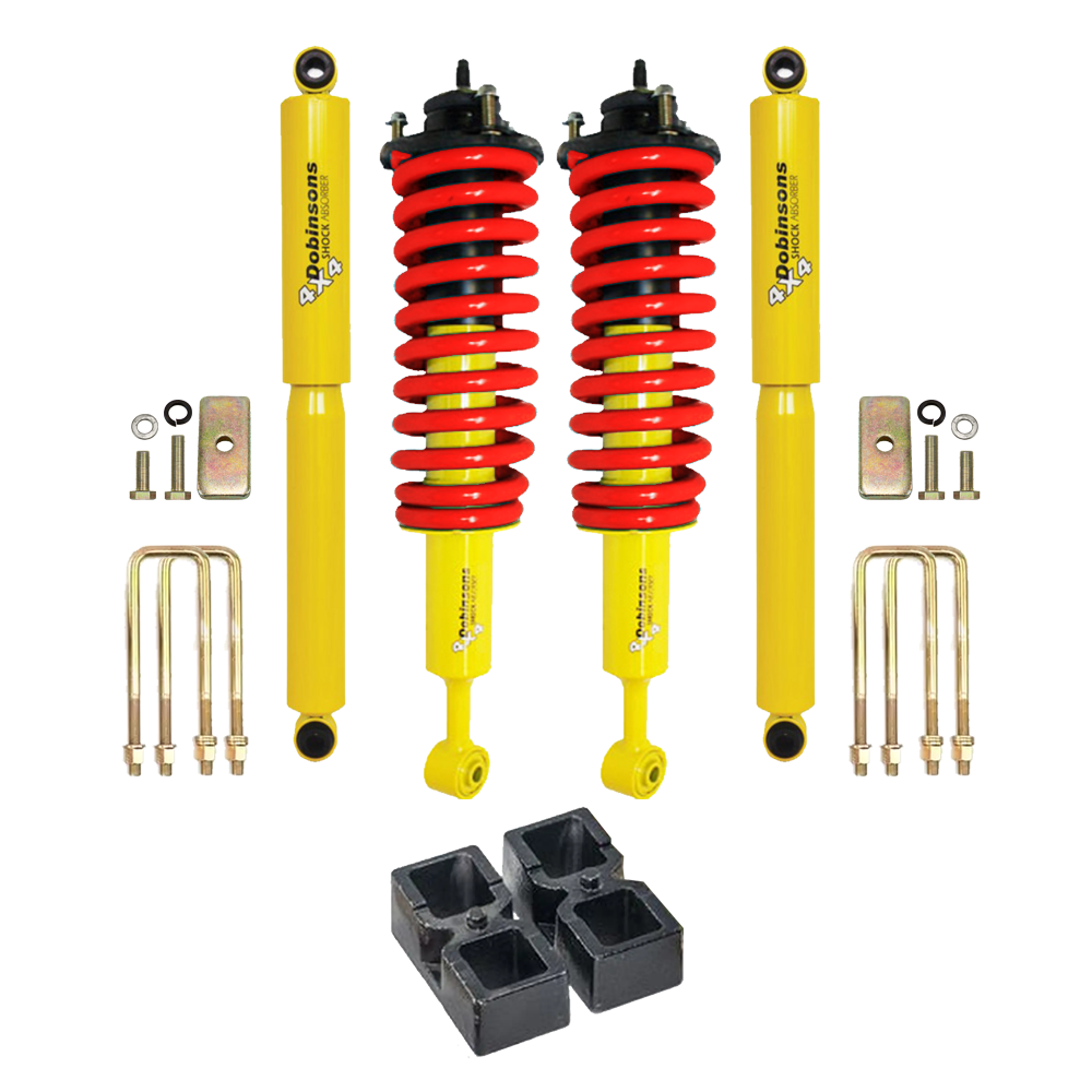 Dobinsons Twin Tube 2-3.5 inch Lift Kit for Tacoma (05-23) with yellow/red coil springs and heavy-duty front shocks suspension.
