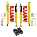 Dobinsons Twin Tube 2-3.5 inch Lift Kit for Tacoma (05-23) with yellow shocks, red coil springs, and mounting hardware suspension system