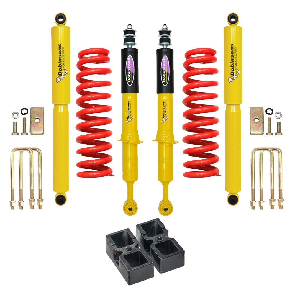 Dobinsons Twin Tube 2-3.5 inch Lift Kit for Tacoma (05-23) with yellow shocks, red coil springs, and mounting hardware suspension system