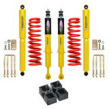 Dobinsons Twin Tube 2-3.5 inch Lift Kit for Tacoma (05-23) with yellow shocks, red coil springs, and mounting hardware suspension system