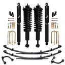 Off road suspension components with coilover shocks, leaf springs, U bolts, and control arms arranged on a white background
