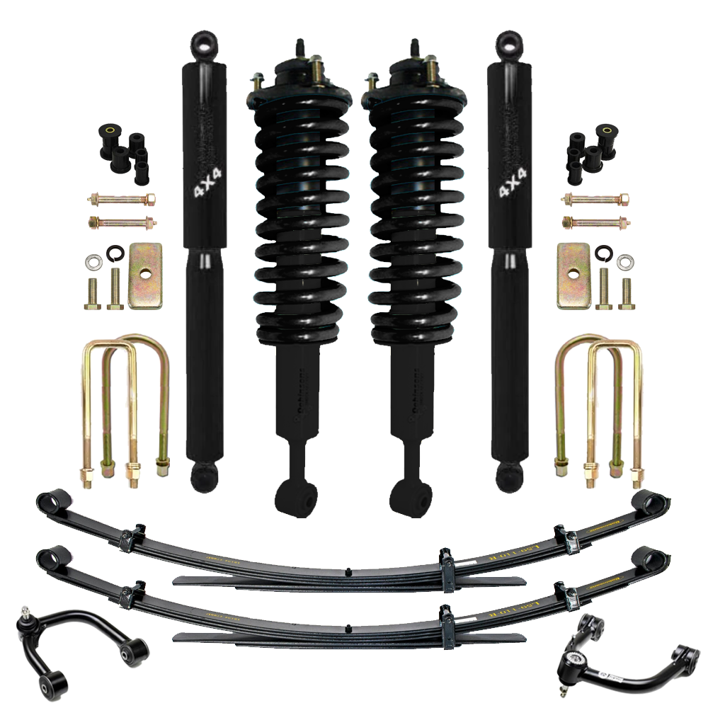Off road suspension components with coilover shocks, leaf springs, U bolts, and control arms arranged on a white background