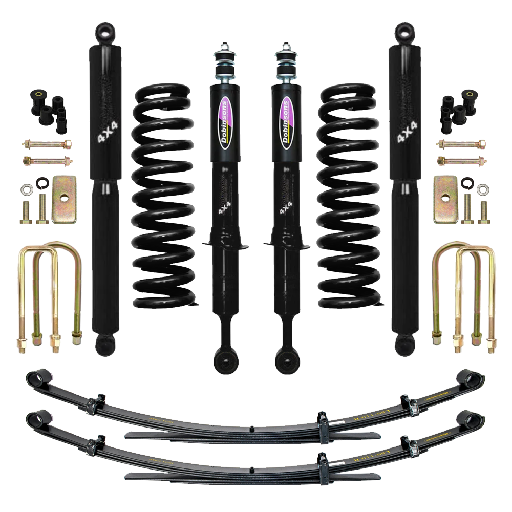 Dobinsons Twin Tube 2-3.5 inch Lift Kit for Tacoma (05-23) - Black/Black heavy-duty suspension including shocks, coils, leaf springs, and hardware