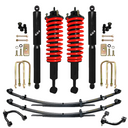 4x4 suspension components with red coil springs, shocks, leaf springs, U-bolts, and control arms