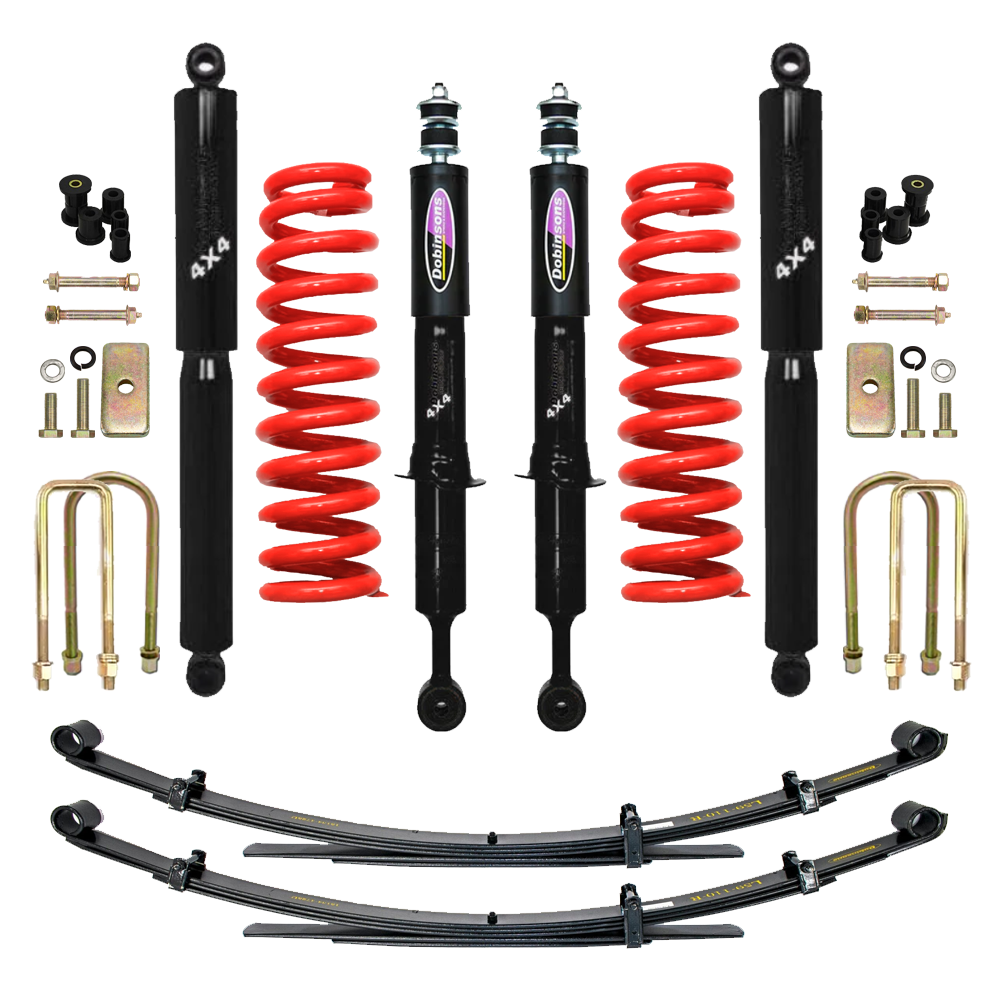 Dobinsons Twin Tube 2-3.5 inch Lift Kit for Tacoma (05-23) with heavy-duty shocks, red coil springs, leaf springs, and hardware