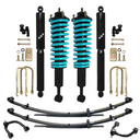 Off-road suspension components with blue coilover shocks, leaf springs, U-bolts, shackles, and mounting hardware