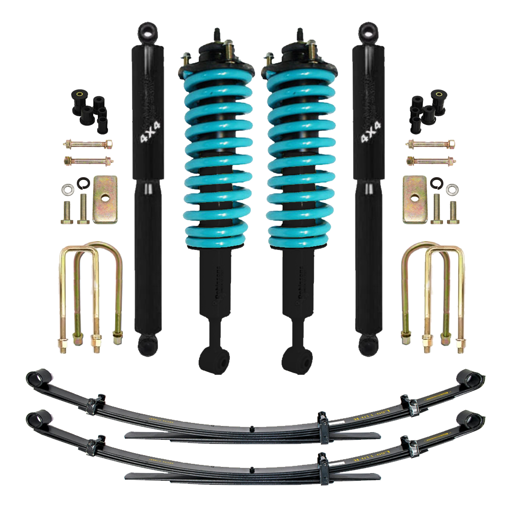 Dobinsons Twin Tube 2-3.5 inch Lift Kit for Tacoma (05-23) - Black/Teal with assembled heavy-duty coil springs, shocks, and leaf springs