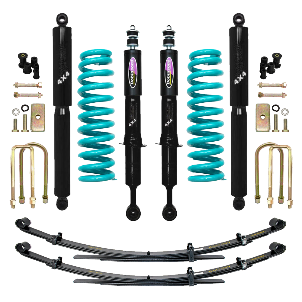 Dobinsons Twin Tube 2-3.5 inch Lift Kit for Tacoma (05-23) black shocks, teal coil springs, leaf springs, and hardware suspension system