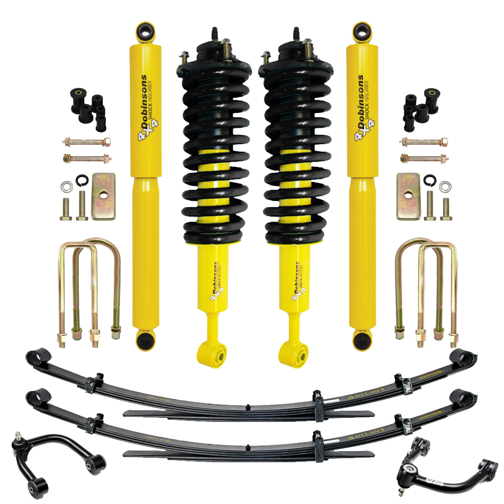 Dobinsons suspension components with yellow shocks, coil springs, leaf springs, U bolts, shackles, and hardware