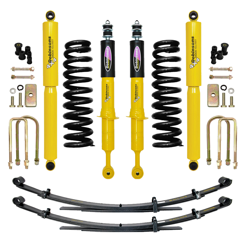 Dobinsons Twin Tube 2-3.5 inch Lift Kit for Tacoma (05-23) with yellow shocks, coil springs, leaf springs, and hardware suspension system