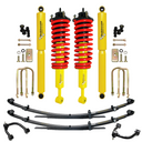 Dobinsons suspension lift kit components with yellow shocks, red coil springs, leaf springs, U-bolts, and control arms