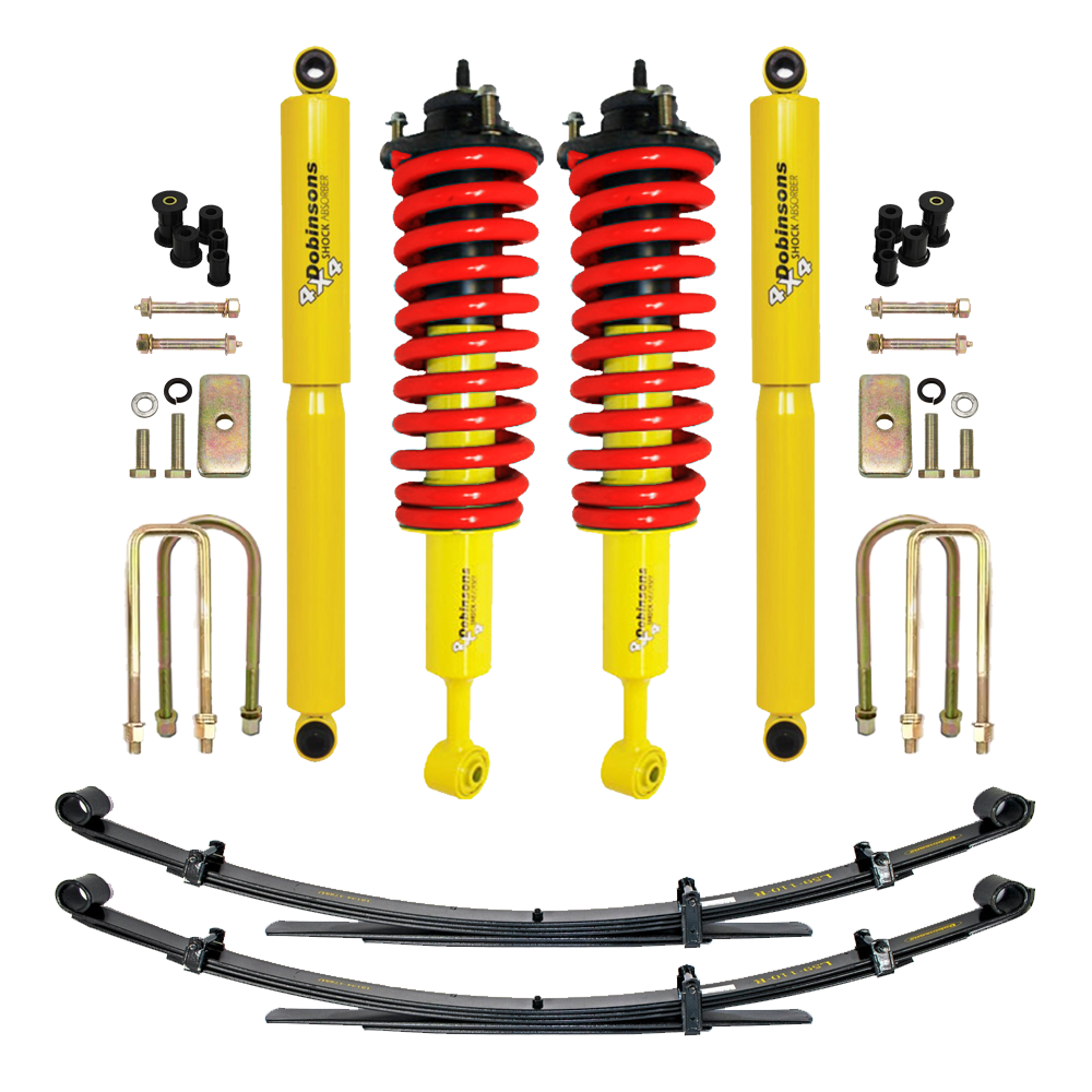 Dobinsons Twin Tube 2-3.5 inch Lift Kit for Tacoma (05-23) with yellow/red coil springs, heavy-duty shocks, and leaf springs suspension