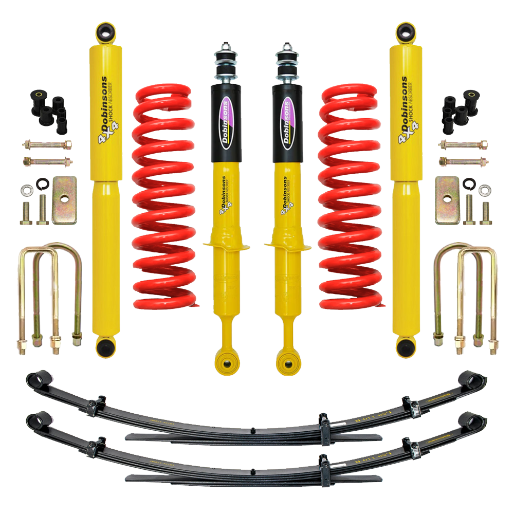 Dobinsons Twin Tube 2-3.5 inch Lift Kit for Tacoma (05-23) with yellow shocks, red coil springs, leaf springs, and hardware suspension system