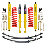 Dobinsons Twin Tube 2-3.5 inch Lift Kit for Tacoma (05-23) with yellow shocks, red coil springs, leaf springs, and hardware suspension system