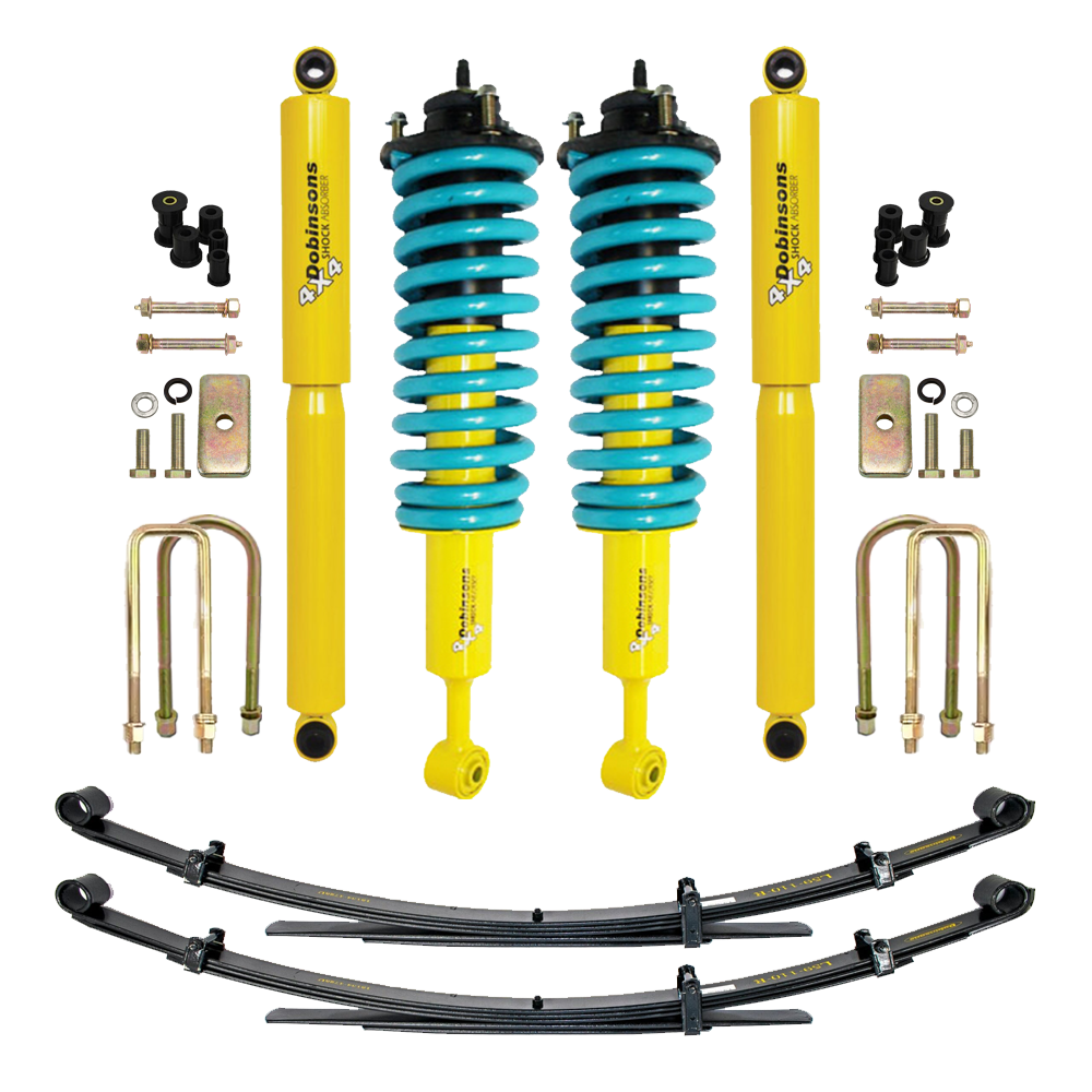 Dobinsons Twin Tube 2-3.5 inch Lift Kit for Tacoma (05-23) with heavy-duty yellow shocks, teal coil springs, and leaf springs