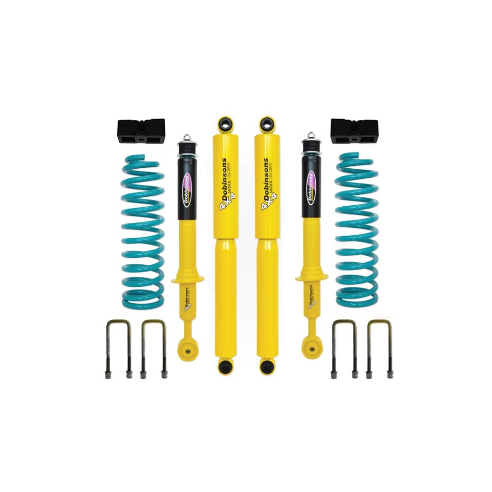 Dobinsons Twin Tube 1.75-2 inch Lift Kit for Tacoma (95-04) Yellow/Teal with heavy-duty shocks and coil springs suspension system components