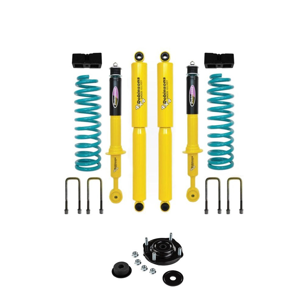 Dobinsons Twin Tube 1.75-2 inch Lift Kit for Tacoma (95-04) - Yellow/Teal with assembled front shocks and coil springs suspension components