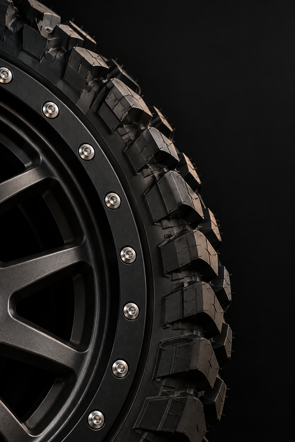 Close up of aggressive off road tire tread and black wheel with visible beadlock style bolts