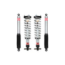 Suspension kit with two coilover struts and two shock absorbers arranged on a white background